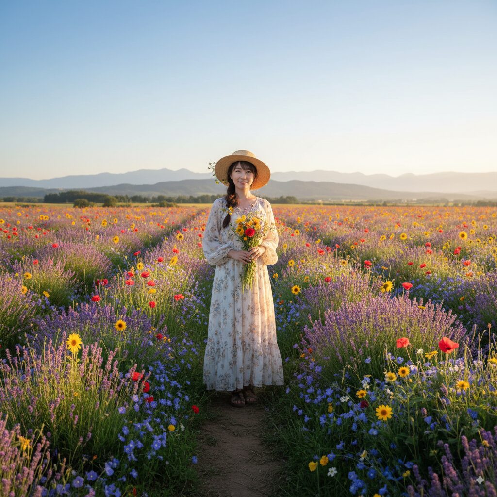 花畑に立っている日本人女性