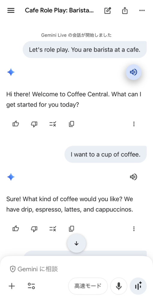 Gemini liveでやりとりをしたテキスト履歴