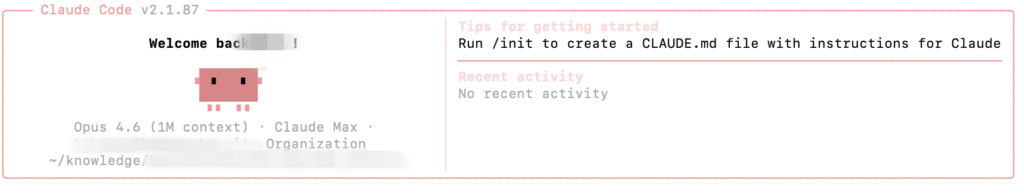 ターミナルからClaudeCodeを起動した画面